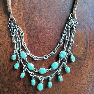 Women's Beautiful Beaded Turquoise-Silver Chain Necklace-Brown Leather Strap